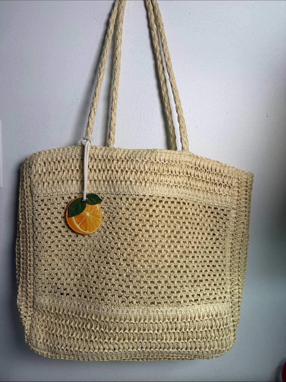 Cream Crochet Tote Bag with Orange Charm - Unbranded